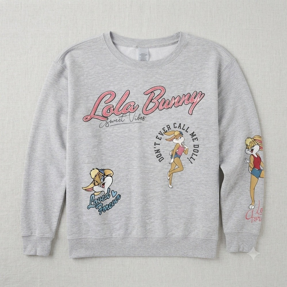 Looney Tunes Lola Bunny Graphic Embroidered Sweatshirt Grey Small Retro